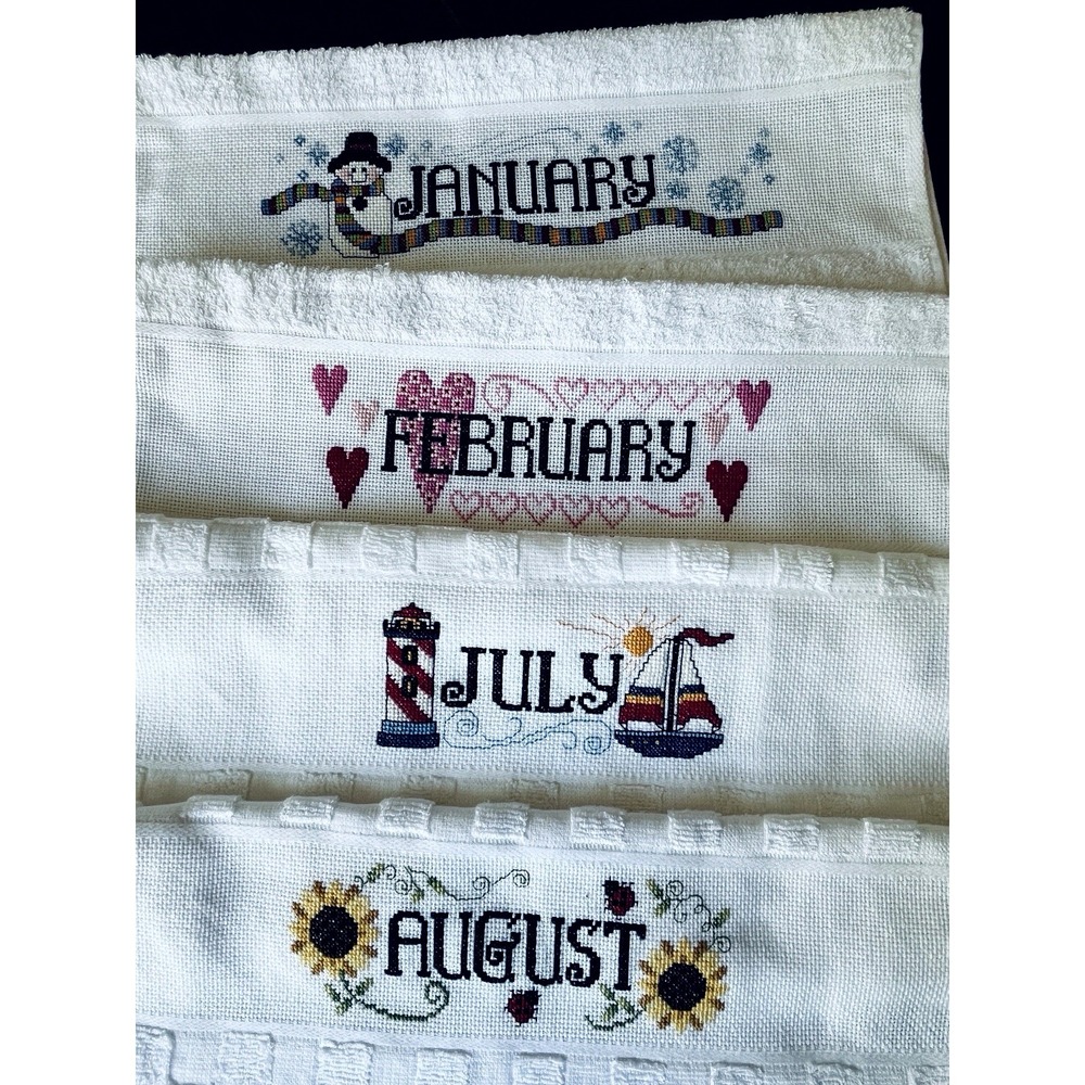 Vtg Cross Stitch Completed All 12 Months of the Year Dish Towels NEW - Picture 9 of 14